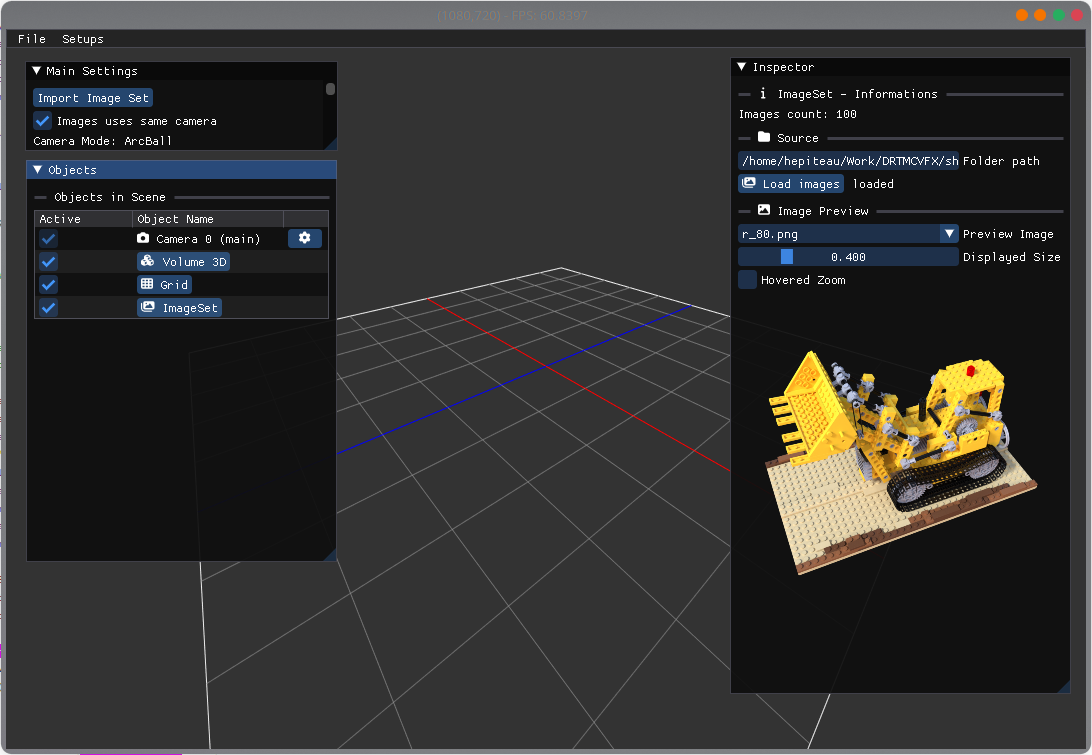 Shape Reconstructor showing a 3D scene grid, object controls, and a Lego dataset preview