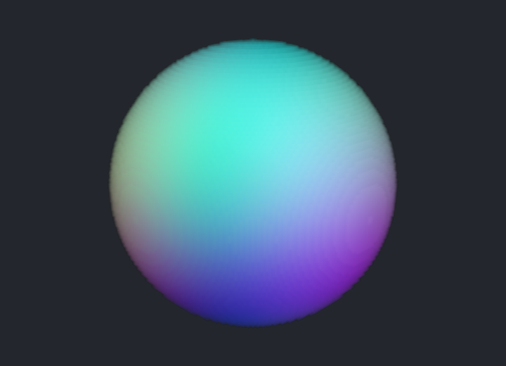 A sparse voxel sphere rendered with green, cyan, and purple color gradients